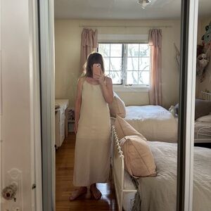 Jimi Collection natural linen Belle dress slip dress with tie straps maxi midi